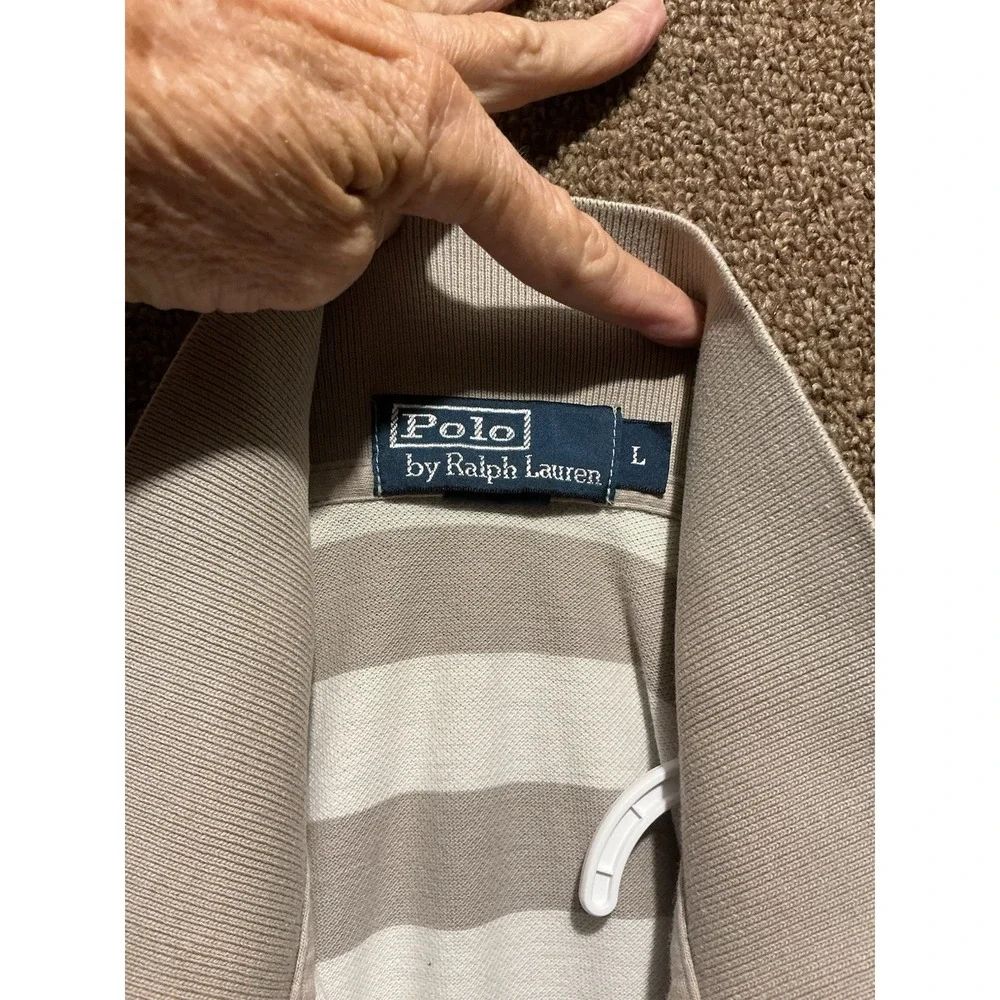 Polo Ralph Lauren Vintage Golf Polo Tan/Oatmeal Cream White Stripe L Cotton